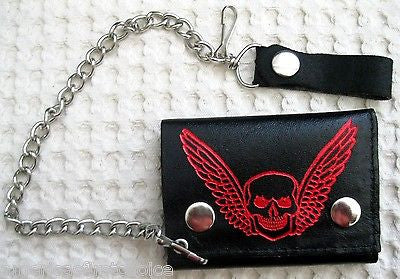 Goth Punk Trucker Biker Chain All Leather Wallet w/ Red Broken Head Skull Wings