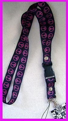 PINK Peace Signs on Black 15" lanyard for ID Holder + Mobile Devices-New w/Tags!