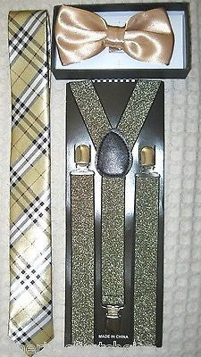 Gold Adjustable Bow Tie,Gold Gargoyle Necktie,& Gold Glittered Suspenders Combo2