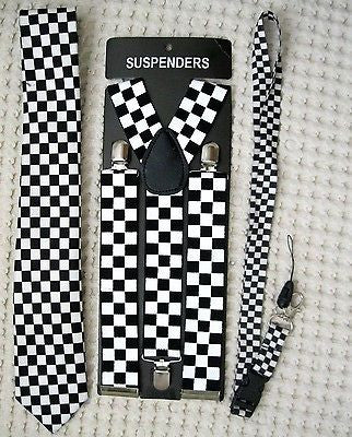 Black&White Checkers Necktie & Black&White 1 1/2" Checkered Y-Back Suspenders-V1