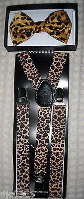 Thick Leopard Print Adjustable Bow tie&Leopard Adjustable Suspenders Combo-Newe!