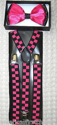 PINK BLACK END TIPS TUXEDO ADJUSTABLE BOW TIE+BLACK PINK CHECKERS SUSPENDERS SET