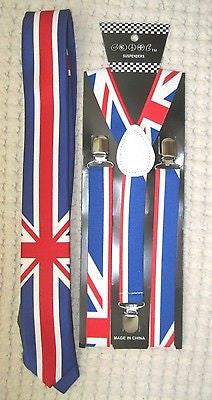 UK British Flag Adjustable Y-Back Suspenders and UK British Skinny Neck Tie-A4