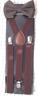Shiny Brown Adjustable Bow tie & Brown Y-Back Adjustable Suspenders Combo-New!v2