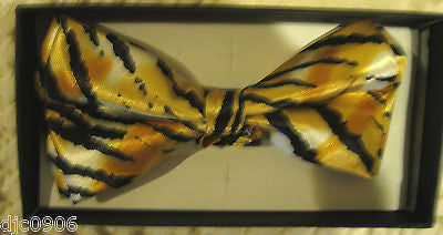 GOLD,BLACK AND WHITE ZEBRA TIGER PRINT ADJUSTABLE BOW TIE&YELLOW SUSPENDERS-NEW!