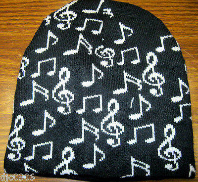 White Musical Notes on Black Winter Knitted Skull Beanie Ski Cap-New!Notes Cap