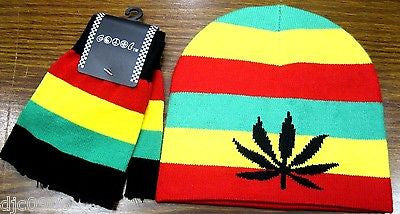 Rasta Red,Yellow,Green MJ Marijuana Leaf Beanie Ski Cap w/Matching Gloves -New!