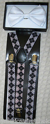 White Tuxedo Bow Tie & White Black Gray Gorgoyle Adjustable Suspenders Set-New