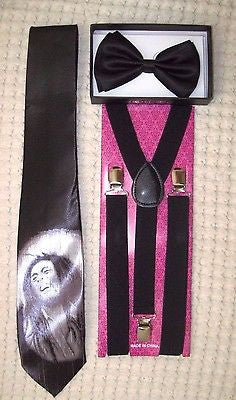 Black Bow Tie,Bob Marley Portrait NeckTie, & Black Adjustable Y-Back Suspenders