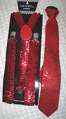 Red Sequin Pre-Tied Neck Tie and Red Sequin Adjustable Suspenders Combo Set-New!