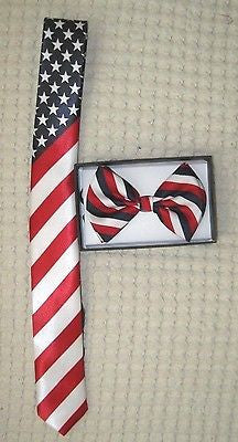 US Flag American Flag 1 1/2" Neck Tie & US Patriotic Flag  Adjustable Bow Tie-V2