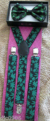 Marijuana MJ Weed Leave Bow tie and MJ  Weed Adjustable Suspenders Combo-New!