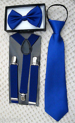 Kids Teens Blue Adjustable Bow Tie & Blue Adjustable Suspenders Combo Set-New!v3