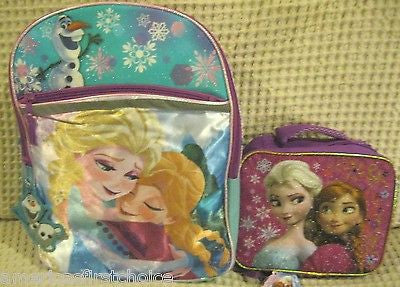 Disney Frozen Anna and Elsa 16" Backpack & Anna Elsa Lunch Bag Lunchbox-New!!!v5