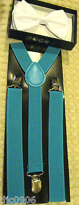 Solid White Adjustable Bow Tie & Solid Blue Adjustable Suspenders Combo-New!!