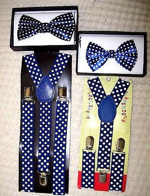 Father & Son Blue White Polka Dots Adjustable Bow Tie & Adjustable Suspenders
