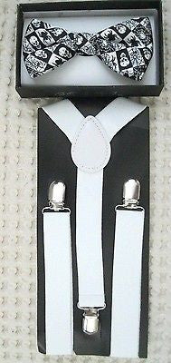 Kids Teens Skulls,Spiders,Webs Bow Tie & White Adjustable Suspenders Combo-New
