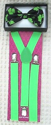 GREEN 4 LEAF CLOVER LEAVES ST. PATTIES ADJUSTABLE  BOW TIE+GREEN SUSPENDERS-NEW!