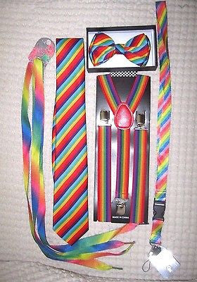 Men's Rainbow Stripes Adjustable Bow tie,Neck Tie,Suspenders,Lanyard,Shoelaces19
