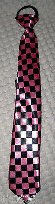 Teens Shiny Pink & Black Checkered Diamonds Adjustable 14" Pre-tied Necktie-New