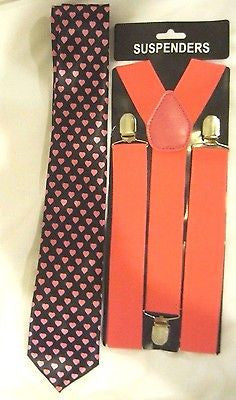 Black with White Pucker Lips Hearts Necktie,& Solid Black Y-Back Suspenders Set