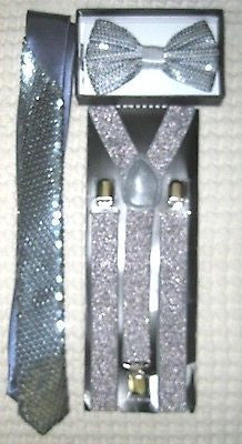 Silver Sequin Adjustable Bow Tie,Neck tie & Silver Sequin Suspenders Set-New!v4