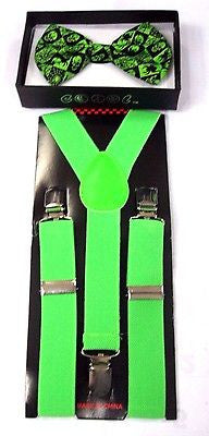 Teens GREEN Skulls Adjustable Bow Tie +GREEN Y-Back adjustable Suspenders-New!2