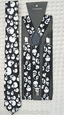 Unisex Small Skulls Crossbones Bow tie, Skulls Neck Tie,& Suspenders Combo Set