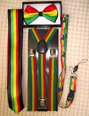Rasta Stripes Bow Tie,Rasta NeckTie,Rasta Stripes Suspenders&Rasta Lanyard-NEW8
