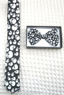 Unisex Small Skulls Crossbones Bow tie, Skulls Neck Tie,& Suspenders Combo Set