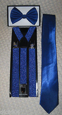 Blue Sequin Adjustable Bow Tie,Neck tie & Blue Glittered Suspenders Set-New !