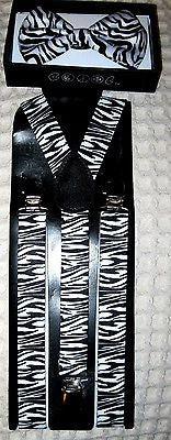 Zebra Print Thin Stripes Bow Tie & Matching Adjustable Suspenders Combo-New!