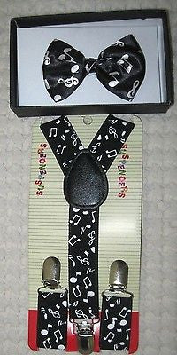 Kids Boys Girls Musical Notes Adjustable Bow Tie & Music Notes suspenders-New!