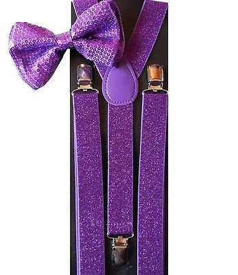 Purple Sequin Bowtie Bow Tie & Purple Glittered Adjustable Suspenders Combo Set