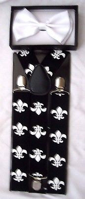 White Tuxedo Bow Tie & Fleur de lis Design New Orleans Saints Y-Back Suspenders