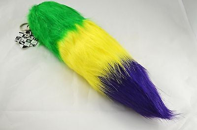 RED WHITE & BLUE STRIPS FAUX FOX TAIL KEYCHAIN RING PURSE TASSLE BELT CLIP 12"