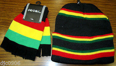 Rasta Red,Yellow,Green Black Beanie Ski Cap Beanie + Rasta Matching Gloves -New!