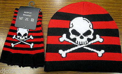 Black & Red Strips White Skull Crossbones Beanie Ski Cap + Matching Gloves -New!