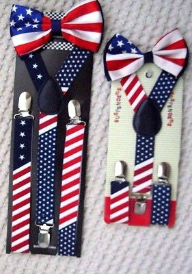 Father & Son US American Flag Adjustable Bow Tie & Adjustable Suspenders Combo-2