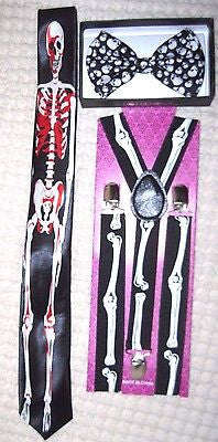 Unisex Skulls Bow tie,Bloody Skeleton Neck Tie&Skeleton Bones Suspenders-New!v3
