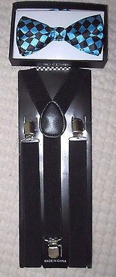 Black&French Blue Checkers Diamonds Adjustable Bow tie & Blue Y-Back Suspenders