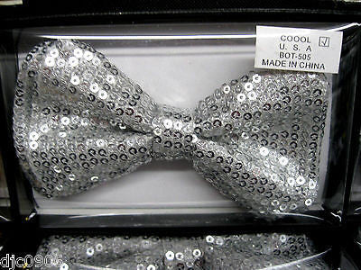 SILVER SEQUIN TUXEDO ADJUSTABLE BOWTIE BOW TIE-NEW GIFT BOX!