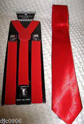 Bright Red Adjustable 57" Neck Tie & Bright Red Adjustable Suspenders Combo-New