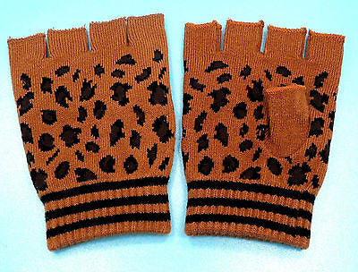 CHEETAH LEOPARD PRINT DARK BROWN FINGERLESS GLOVES KNIT SAFARI ANIMAL-NEW!