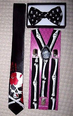 Unisex Skulls Bow tie,Bloody Skeleton Neck Tie&Skeleton Bones Suspenders-New!v3