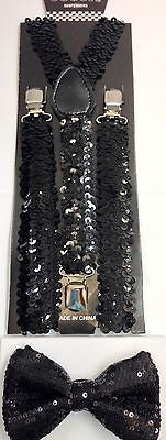 Black Sequin Adjustable Bowtie & Black Sequence Adjustable Suspenders Combo-New!