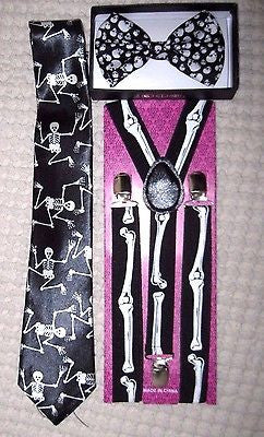 Unisex Skulls+Crossbones Bow tie, Skeleton Neck Tie,& Skeleton Bones Suspenders2