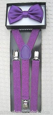 Solid Purple Adjustable Bow Tie & Purple Glittered Adjustable Suspenders Set