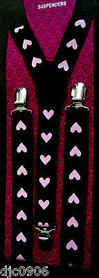Solid Black with Pink Hearts Y-Shape Back Adjustable Suspenders-Unisex,Men-New