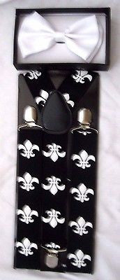 Fleur de lis Design New Orleans Saints Y-Style Back Suspenders & White Bow Tie